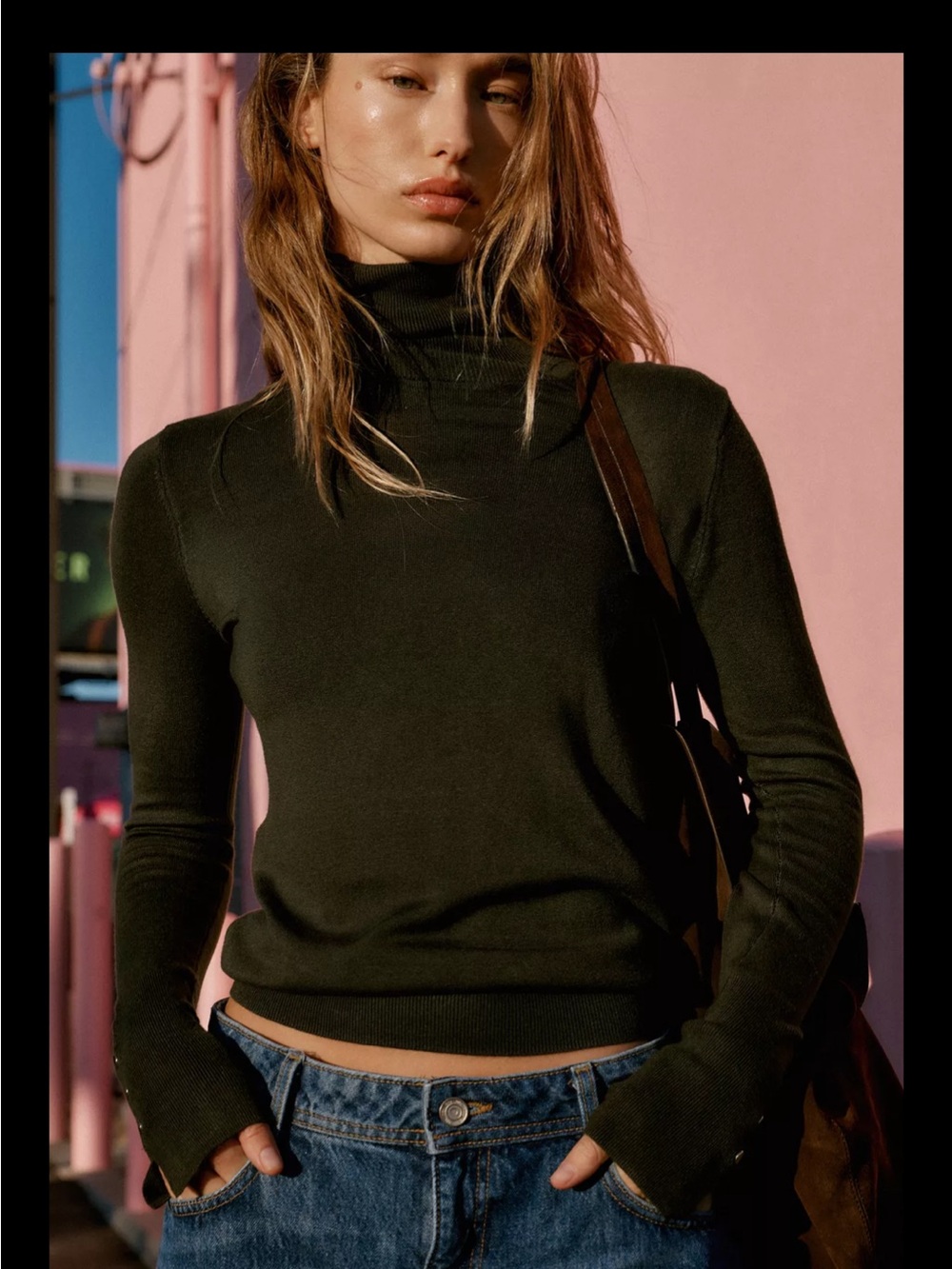 Zara Basic Plain Knit Women's Olive Green Turtleneck Sweater